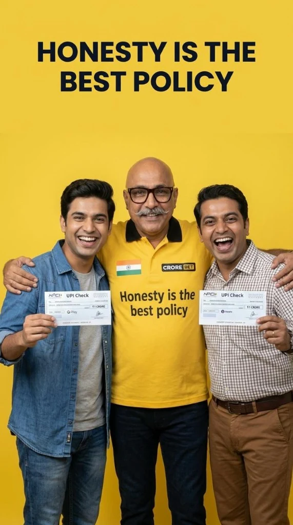 CroreBet owner with players holding UPI payout cheques &mdash; honesty is the best policy.