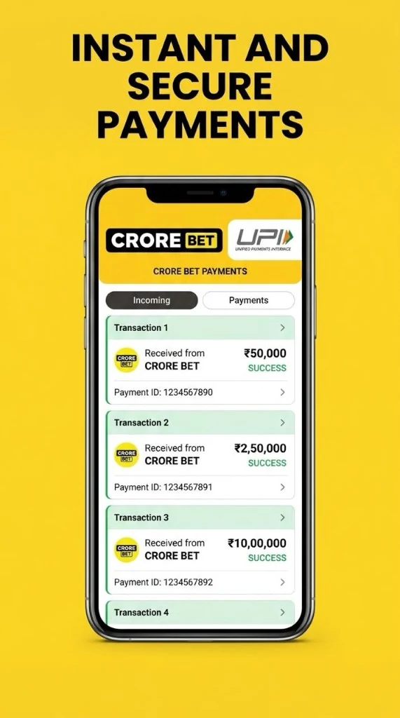 CroreBet UPI payment screen showing successful withdrawals up to ₹10,00,000.