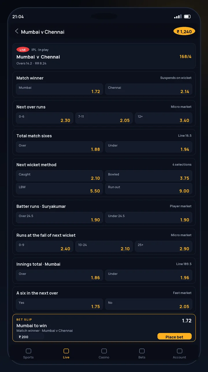 CroreBet app live cricket screen showing in-play IPL markets and the docked bet slip