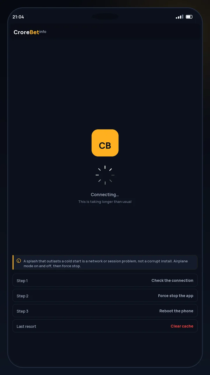 CroreBet app not working splash screen that does not advance on Android