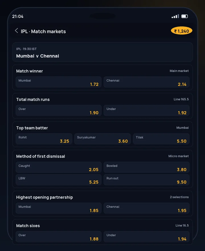 CroreBet cricket betting market list on an IPL fixture, showing match winner, totals and player markets
