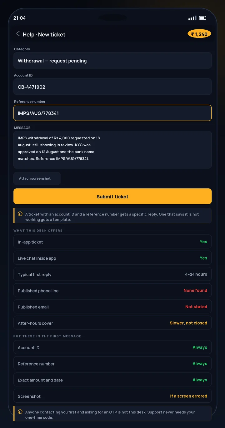 CroreBet customer care ticket form inside the Android account menu