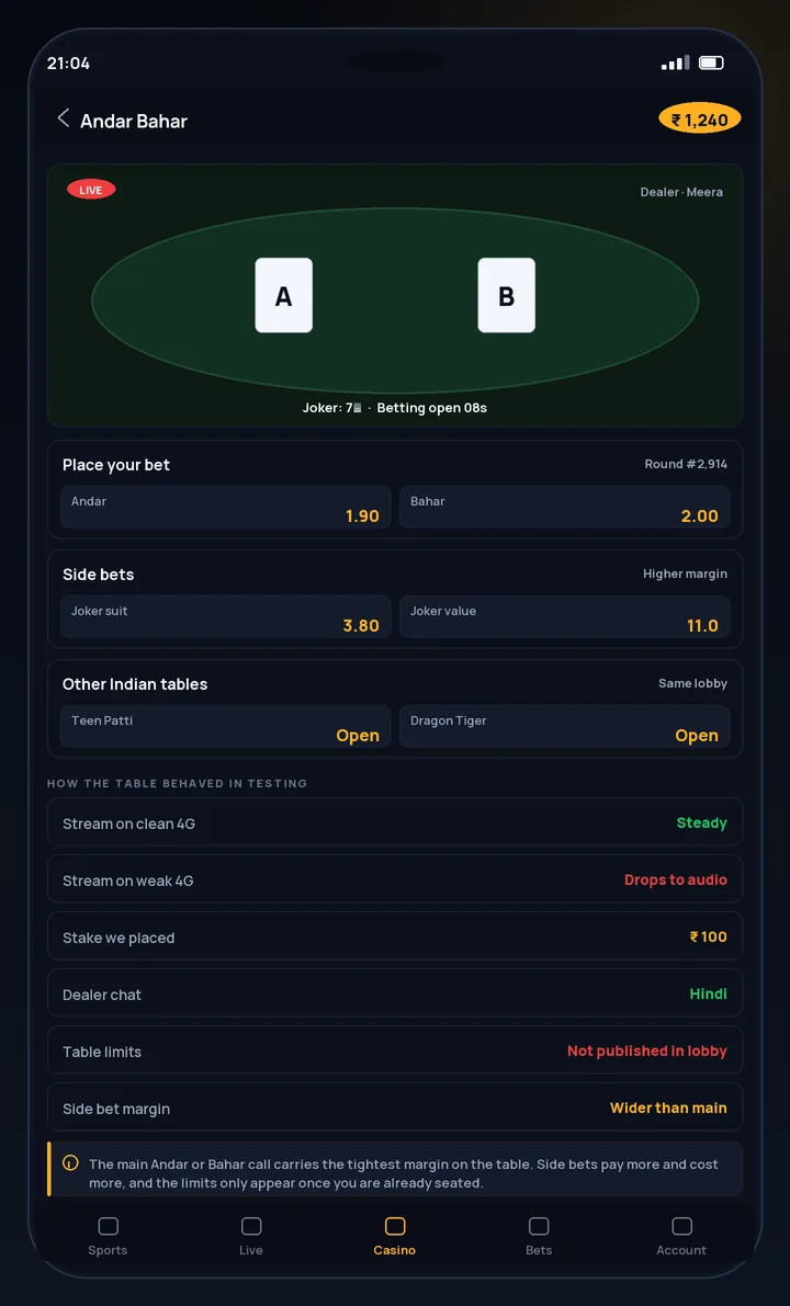 CroreBet live casino Andar Bahar table with Hindi dealer chat visible