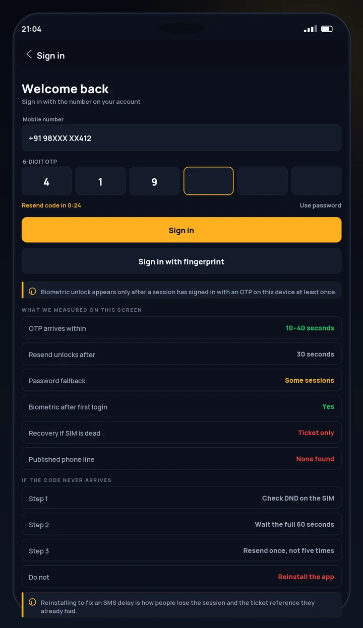 CroreBet login screen asking for a mobile number and OTP on Android