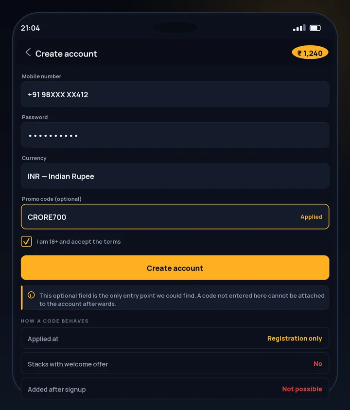 CroreBet promo code field on the registration form beside the currency selector