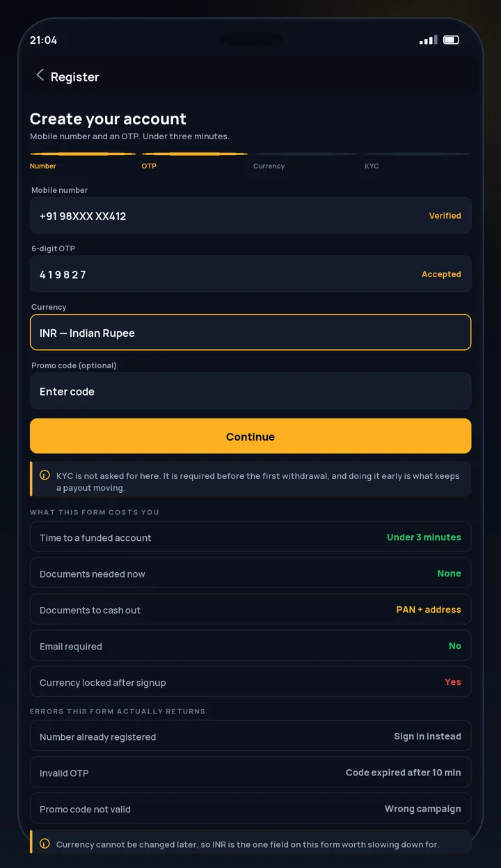 CroreBet registration form asking for a mobile number during sign up