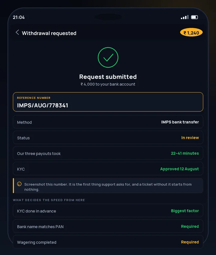 CroreBet withdrawal confirmation screen showing an IMPS request with reference number and timestamp