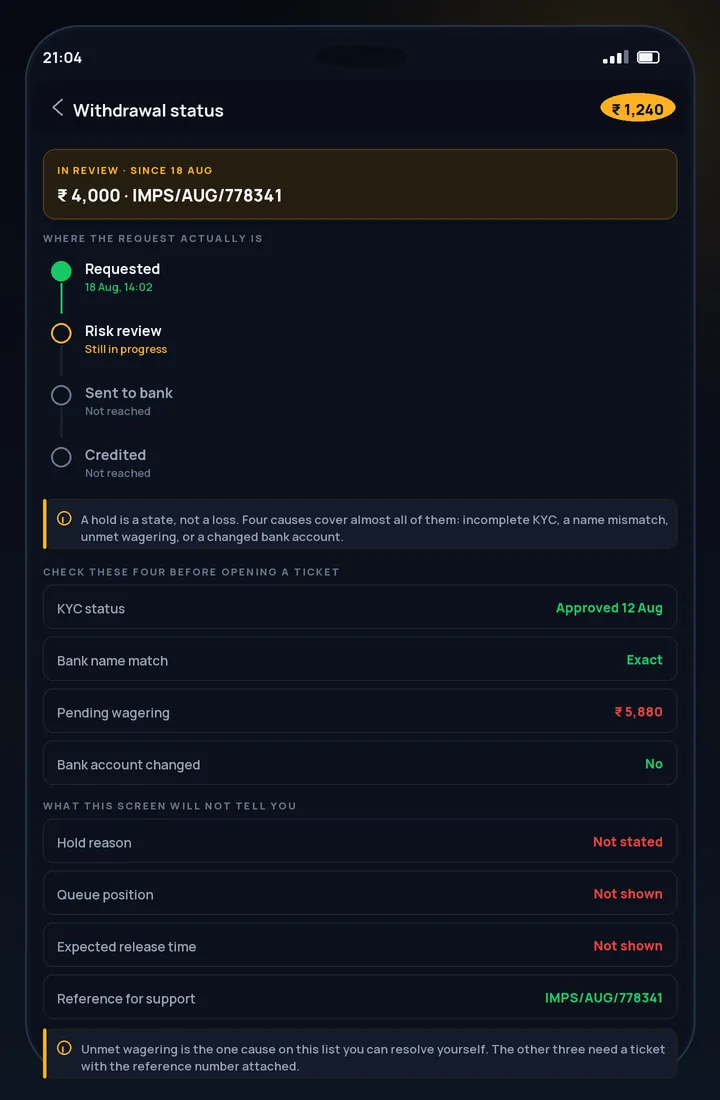 CroreBet withdrawal problem shown as a pending IMPS request in the cashier