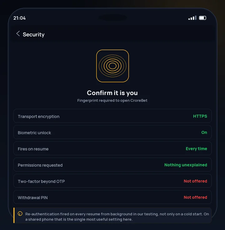 Is CroreBet safe: the app biometric login prompt asking for fingerprint authentication